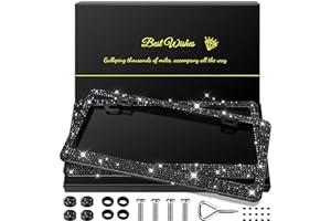 QUANQIUFEI 2 Pack Bling License Plate Frames for Women, Sparkly Rhinestone Diamond Car Accessories with Glitter Crystal Caps 