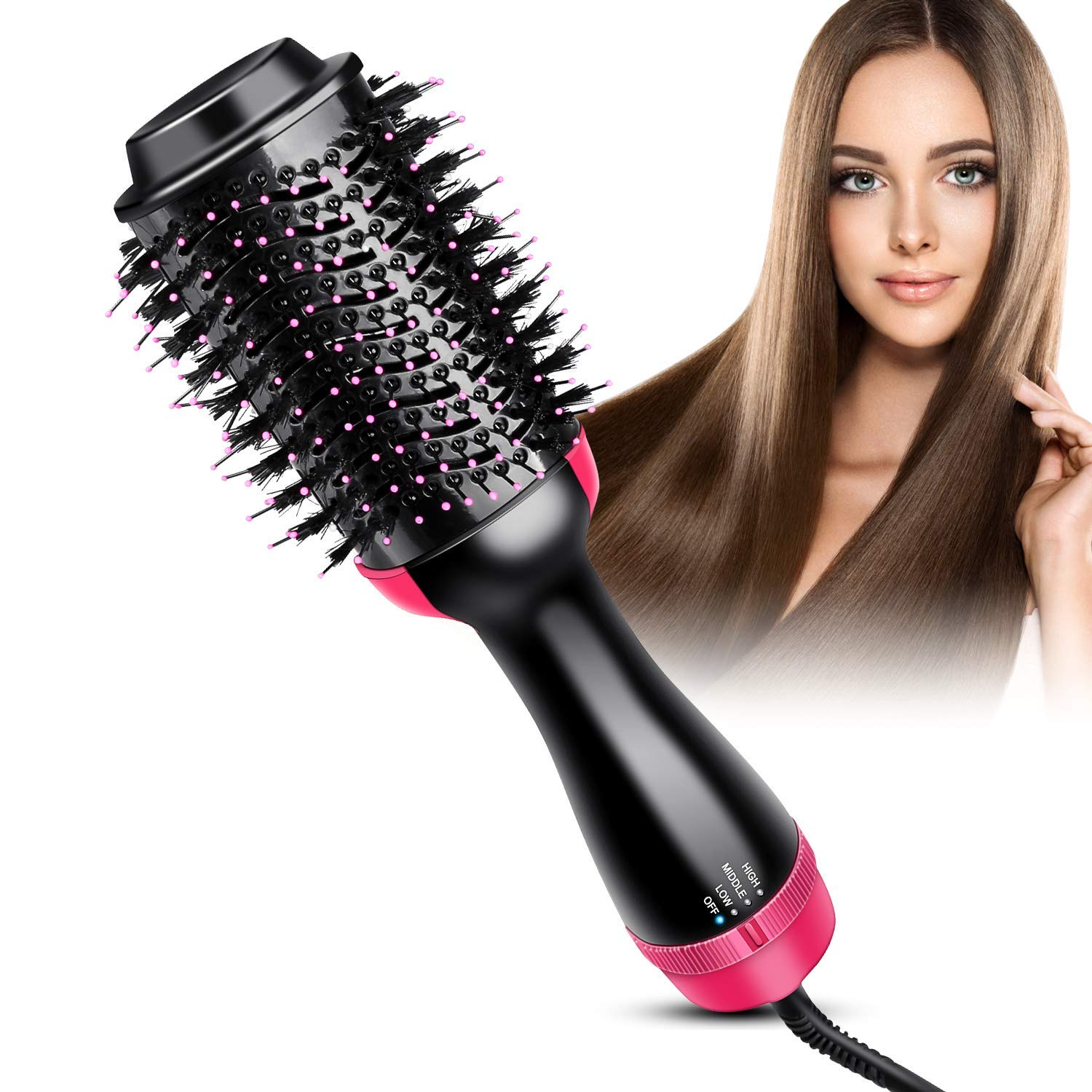 Hair Dryer Brush, Bongtai Hot Air Brush One Step Hair Dryer & Volumizer 3 in 1 Hair Dryer Brush Styler for Rotating Straightening, Curling, Salon Negative Ion Ceramic Blow Dryer Brush