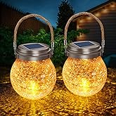 DBF Solar Lantern Crackle Glass Ball, Amber Warm Solar Lanterns Outdoor Waterproof Solar Garden Decor Patio Lights with 2 Mod