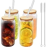 VAIDPRO 4 Set Glass Cups with Bamboo Lids and Straws, 20oz Drinking Beer Glasses, Iced Coffee Cups, Cute Tumbler with 2 Clean