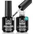 Beetles 2 Pcs 15ml No Wipe Gel Top Coat and Base Coat Set - Shine Finish and Long Lasting, Soak Off LED Nail Lamp Gel Base To