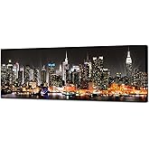 Biuteawal New York City Canvas Wall Art Manhattan Skyline at Night Picture Prints Framed NYC Skyline Landscape Artwork Modern