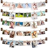 Emfogo Pictures Wall Decor, Wood Hanging Photo Display DIY Decor 5 Strings with 30 Clips, Adjustable Twines fit Multi Photo W