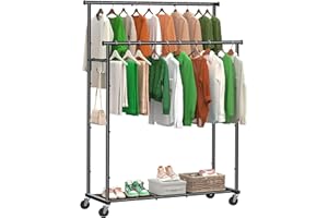 Ekisemio Double Rod Clothing Garment Rack on Wheels, 45 Inches Clothes Rack with Mesh Bottom Shelf for Hanging Clothes, Heavy