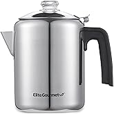 Elite Gourmet EC008 Classic Stovetop Coffee Percolator, Glass Clear Brew Progress Knob, Cool-Touch Handle, Cordless Serve, 8-