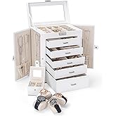 TORIBIO 2 in 1 Huge Jewelry Box 6-Tier Leather Jewelry Organizer Case with Small Travel Case for Women Girls Ring Necklace Ea