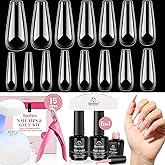 Beetles Gel Nail Kit 600Pcs Long Coffin Nail Tips with Pink Gel Polish Top Coat,15 Sizes Soft Clear Nail Tips Set 5 In 1 Nail