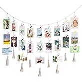 QXUJI Hanging Photo Display, Macrame Wall Hanging Pictures Holders with 20 Wood Clips, Boho Collage Picture Frame for Wall De