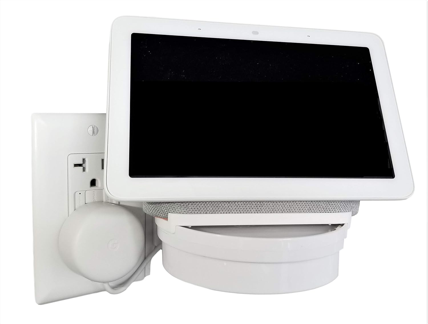 The Google Home Hub Nest Hub Mount for Kitchen and Bathroom Outlets. Full Swivel. Installs in Seconds. Hidden Cord Storage. Award Winning Design.