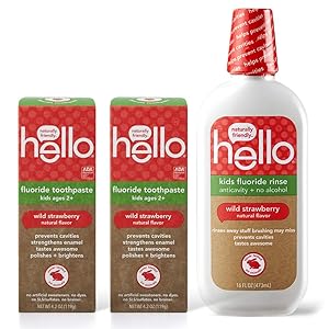 Hello Oral Care Kids natural wild strawberry fluoride toothpaste, 4.2 ounces (2 count) + kids strawberry fluoride mouthwash, 16 ounces