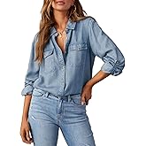 Astylish Women Button Down Denim Shirt Casual Long Sleeve V Neck Chambray Blouse Tops