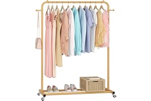 Sywhitta Clothes Rack on wheels, Clothing Rack with Bottom Mesh Storage Shelf,Sturdy Metal Frame,Rolling Garment Rack for Han