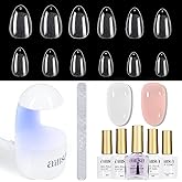 AILLSA Gel Nail Kit Short Almond Nail Tips 240pcs with 2 In 1 Nail Glue Base Coat and Nail Dehydrator, Soft Gel Full Nail Kit