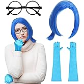 Croknit 3 Pcs Halloween Sadness Costume Set Include Sadness Wig Short Blue Wig with Wig Cap Black Round Frame Glasses Blue Lo