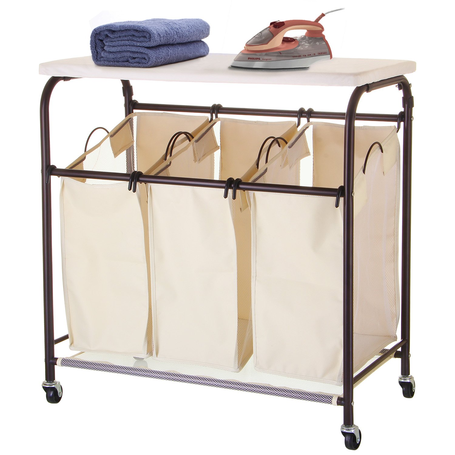 Ollieroo Classic Rolling Laundry Sorter Cart Heavy Duty 3 Bags Laundry Hamper Sorter with Ironing Board (Beige)