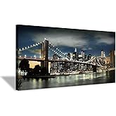 Brooklyn Bridge Canvas Wall Art: Skylines Lights & Reflections in New York Artwork for Decor