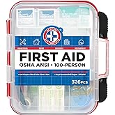 Be Smart Get Prepared First Aid Kit Hard Red Case 326 Pieces Exceeds OSHA and ANSI Guidelines 100 People - Office, Home, Car,