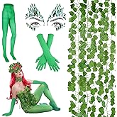 GGSTDDUP 9 Pcs Halloween Ivy Costume Set, Poison Ivy Cosplay Costume Include Long Green Gloves Gems Rhinestone Tattoo Sticker