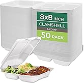 Freshware Clamshell Containers, 8 x 8 Inch, 3-Compartment, 50-Pack, White