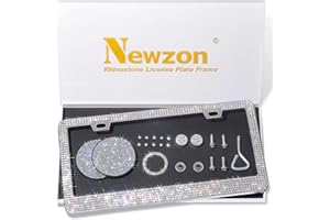 Newzon Sparkly Rhinestone Bedazzled License Plate Frame for Women - Crystal Car Cup Holder Coaster, Girly Glitter Tag Frames