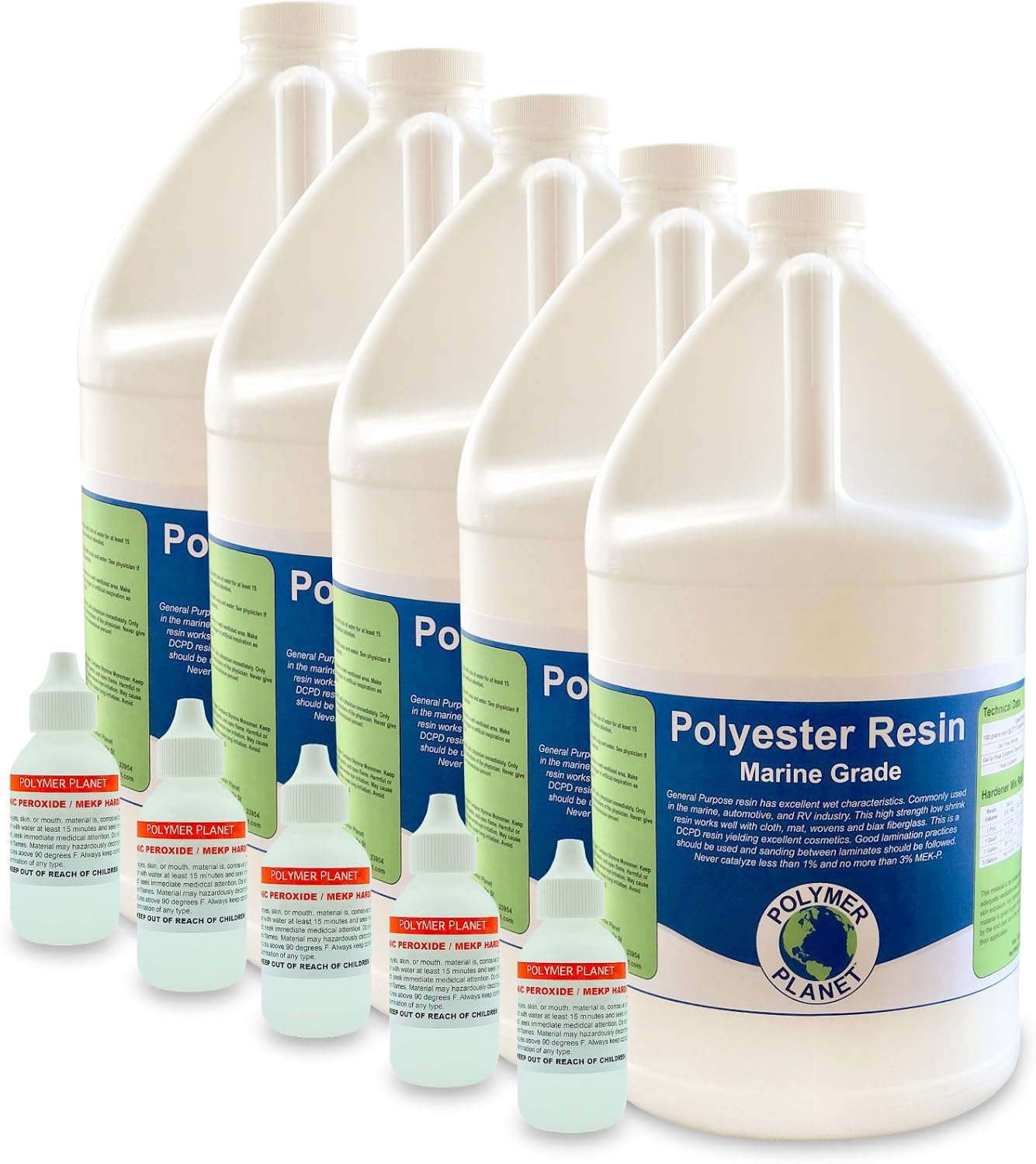 Polymer Planet Polyester Fiberglass Laminating Resin - Grade-A 5 Gallons Low Viscosity Coating Material with MEKP Hardeners - Great for Boats, Car Exterior, Canoe, Surfboards - Hard, Non-Tacky Finish