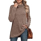 WIHOLL Womens Tunic Tops Turtleneck Long Sleeve Shirts Oversized Fall Sweaters Side Split High Low Hemline