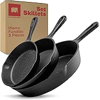 Ultrachef Juego de 3 Sartenes de Hierro Fundido con Mango Largo, Previamente Curado, Cast-Iron Skillet, Set de 3 piezas (6", 