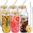 20 Oz Drinking Glasses with Bamboo Lids and Glass Straw - 6 Pcs Can Shaped Glass Cups Beer & Ice Coffee Glasses Cute Tumbler 