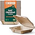 100% Compostable Clamshell Take Out Food Containers [8X8" 50-Pack] Heavy-Duty Quality to go Containers, Natural Disposable Ba