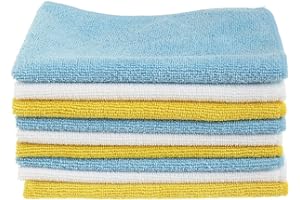 Amazon Basics Microfiber Cleaning Cloths, Non-Abrasive, Reusable and Washable, Pack of 24, Blue/White/Yellow, 16" x 12"