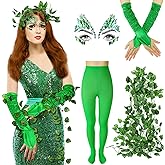 Toulite 8 Pcs Halloween Green Cosplay Costume Set for Woman Includes Green Jewels Halloween Face Tattoo Artificial Green Vine