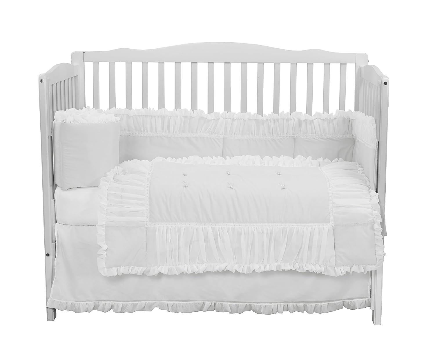 Baby Doll Bedding Luxury 4 Piece Crib Bedding Set (Bumper, Sheet, Crib Skirt, Quilt) Sweet Touch Crib Bedding Set, Unixex for Baby Girls or Boys, White