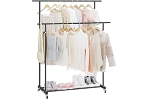 Calmootey Double Rod Clothing Garment Rack,Rolling Hanging Clothes Rack,Portable Clothes Organizer for Bedroom,Living Room,Cl