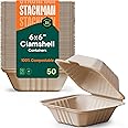 100% Compostable Clamshell Take Out Food Containers [6x6" 50-Pack] Heavy-Duty Quality to go Containers, Natural Disposable Ba