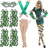 ramede 7 Pcs Halloween Green Vines Costume for Women Lace Mask Artificial Vines Fingerless Gloves Tights for Halloween Party 