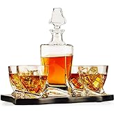 Whiskey Decanter & Glasses Crystal Set, Italian Crafted 5 Piece European Style Wine & Whiskey 855ml, With Wood Sophisticated 