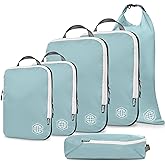 Compression Packing Cubes for Travel - Luggage and Backpack Organizer Packaging Cubes for Clothes (Dusty Teal and White, 6Pie