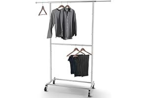 Simple Trending Double Rod Clothing Garment Rack, Rolling Clothes Organizer on Wheels for Hanging Clothes, Chrome