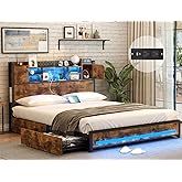 Dnxao Queen Bed Frame with Storage Drawers and Bookcase Headboard, LED Bed Frame Queen Size with Type-C & USB Ports, Metal Pl