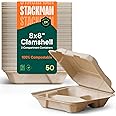 100% Compostable Clamshell Take Out Food Containers [8X8" 3-Compartment 50-Pack] Heavy-Duty Quality to go Containers, Natural