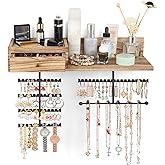 VINAEMO Jewelry Organizer Hanging Wall Mounted Jewelry Holder with Rustic Wood Drawer & Large Capacity Storage Shelf Rack Dis