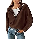 BTFBM Women’s Casual Long Sleeve Half Zip Pullover Sweaters Solid V Neck Collar Ribbed Knitted Loose Slouchy Jumper Tops