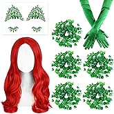 8 Pcs Halloween Poison Green Fake Ivy Costume Set Include Red Wig Long Green Gloves Artificial Ivy Vines and Face Jewels Stic