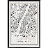 Kate and Laurel Sylvie New York City Modern Map Framed Linen Textured Canvas Wall Art by Jake Goossen, 23x33 Black, Geographi