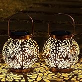 JOIEDOMI 2 Pack Outdoor Solar Hanging Lantern Lights, Waterproof Tabletop Solar Lights with Handle, LED Solar Moroccan Lanter