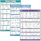 QUICKFIT 3 Pack - Yoga Poses + Stretching Exercises + Pilates Mat Work Poster Set - Set of 3 Workout Charts (Laminated, 18" x