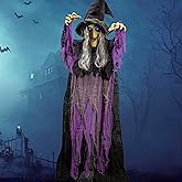 JOYIN 72” Halloween Hanging Flying Witch Animatronic Purple, Talking Animated Witch Light Up Eyes Sound Activated, Halloween 