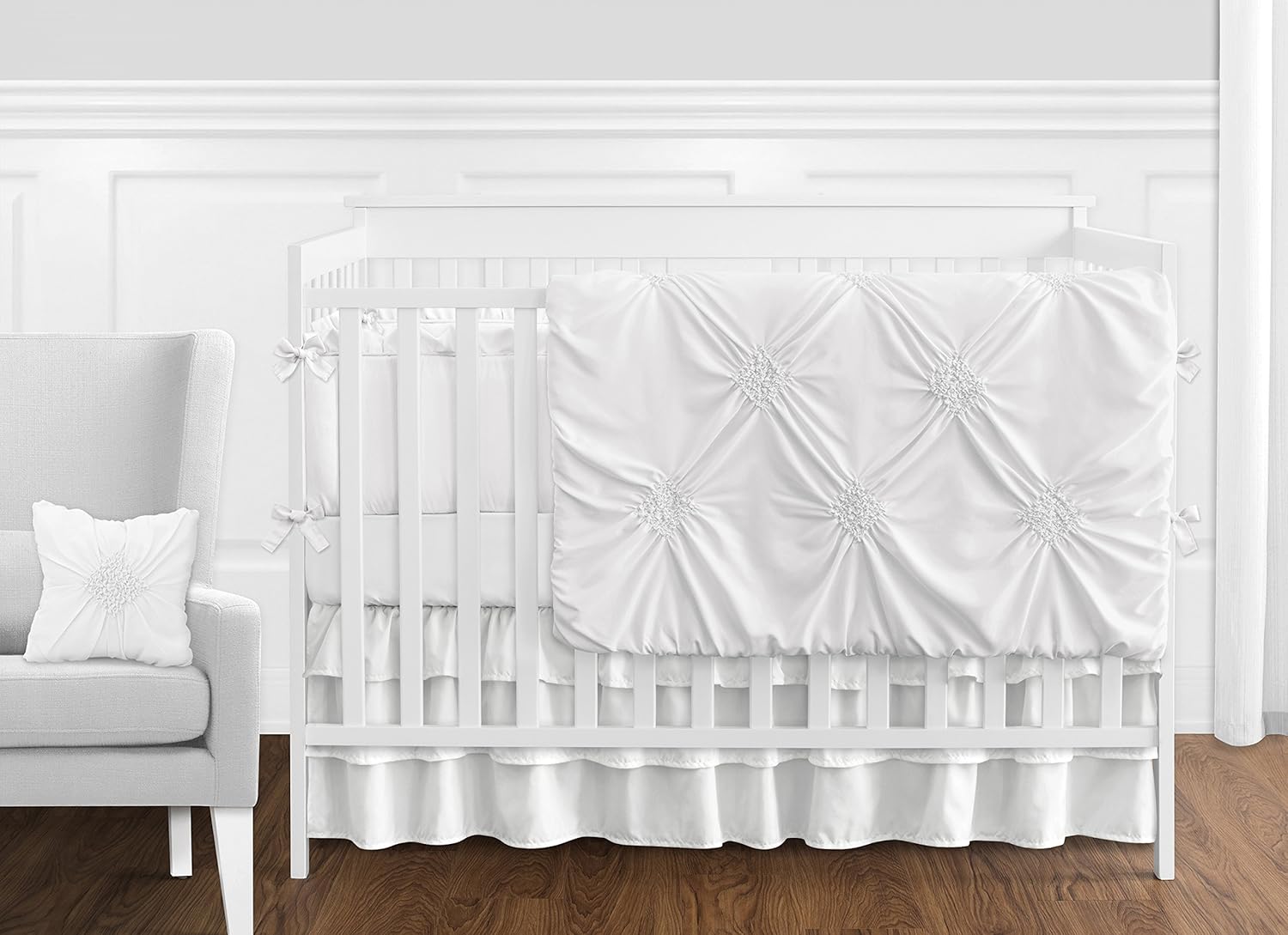 Solid Color White Shabby Chic Harper Baby Girl Crib Bedding Set with Bumper by Sweet Jojo Designs - 9 pieces