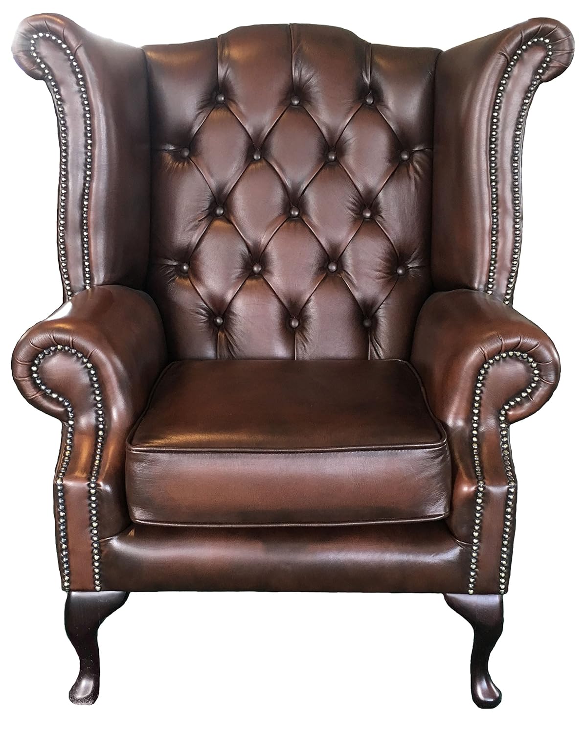 Chesterfield Antique Brown Genuine Leather Queen Anne Armchair