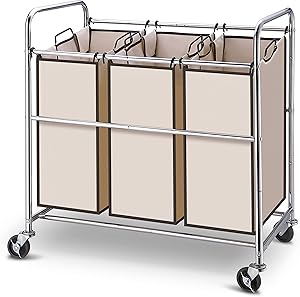 Simple Trending Heavy Duty 3-Bags Laundry Hamper Sorter Cart with Rolling Wheels, Chrome